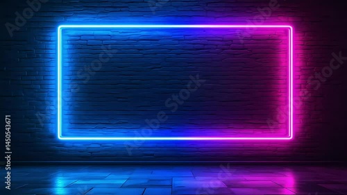 Illuminated neon frame against a brick wall with vibrant blue and purple lighting