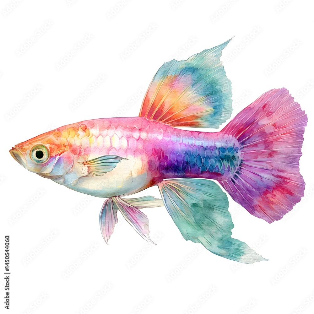 Fototapeta premium A vibrant rainbow colored guppy fish swims gracefully isolated on a clean white background perfect for aquatic designs.