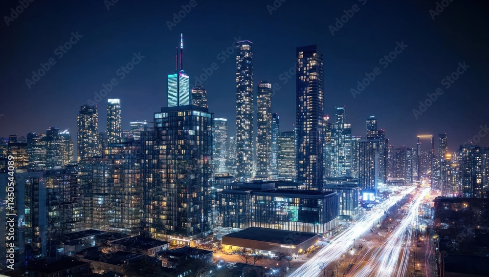 Obraz premium Capture the cityscape, glow of urban lights with city at night and tall buildings at night and street view.