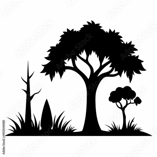 Silhouette Trees with Spanish Moss and Cypress Minimalist Black and White Vector Illustration