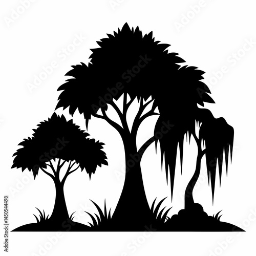Silhouette Trees with Spanish Moss and Cypress Minimalist Black and White Vector Illustration