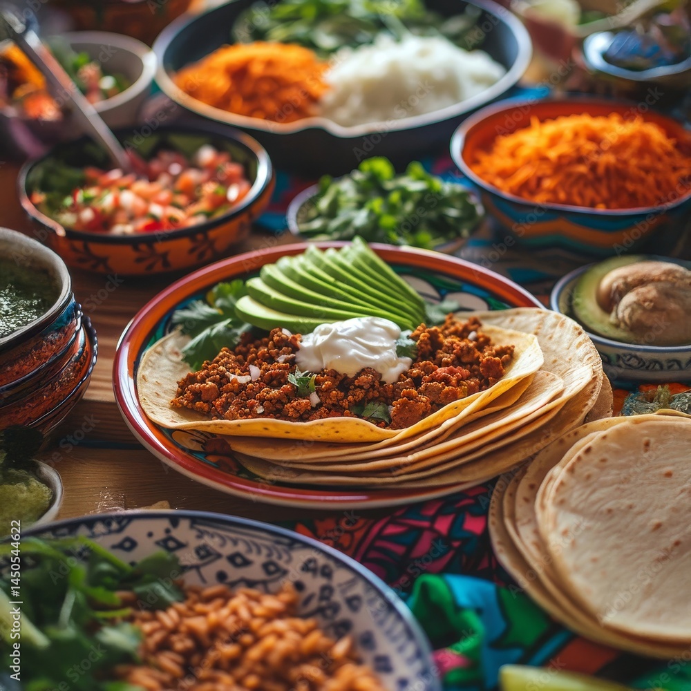 Fototapeta premium Close-up of Tacos and Toppings for Mexican Meal
