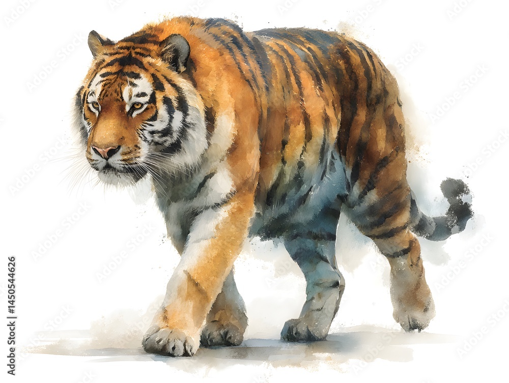 Fototapeta premium A majestic Siberian tiger powerfully strides forward showcasing its intense gaze and vibrant orange and black stripes on a white background.