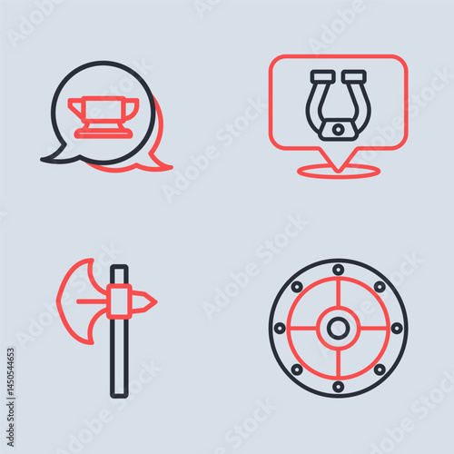 Wallpaper Mural Set line Horseshoe, Medieval axe, Round shield and Blacksmith anvil tool icon. Vector Torontodigital.ca