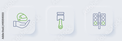 Set line Racing traffic light, Engine piston and helmet icon. Vector