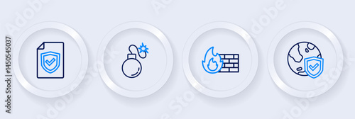 Set line Shield with world globe, Firewall, security wall, Bomb and Contract shield icon. Vector