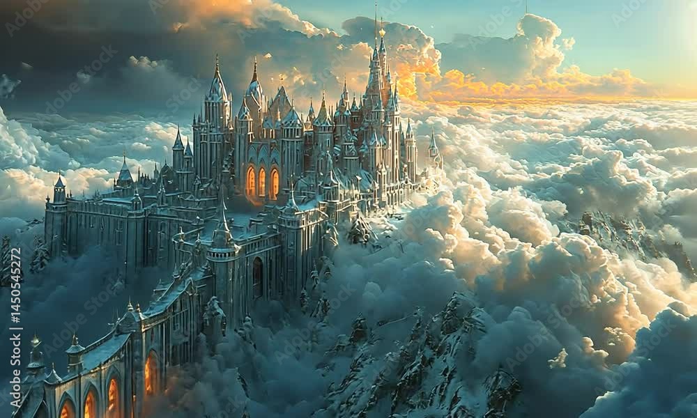 Majestic castle rising above the clouds at sunset, surrounded by ethereal mist and mountains Majestic castle rising above the clouds at sunset, surrounded by ethereal mist and mountains