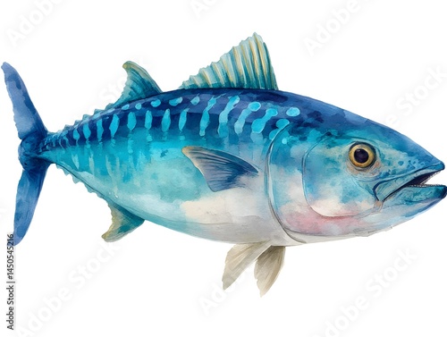 A detailed watercolor painting of a vibrant blue and white bonito fish swimming gracefully against a clean white background.