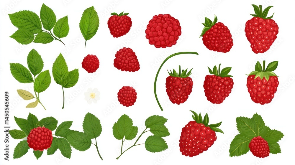 Red raspberries with green leaves vector illustration Red raspberries with green leaves vector illustration