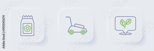 Set line Leaf, Lawn mower and Pack full of seeds icon. Vector