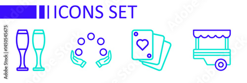 Set line Fast street food cart, Playing cards, Juggling ball and Bowling pin icon. Vector