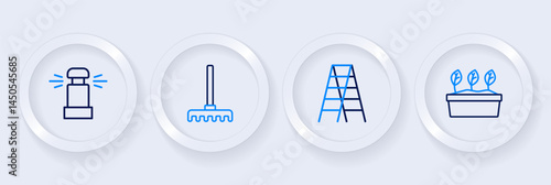 Set line Plant in pot, Wooden staircase, Garden rake and Automatic irrigation sprinklers icon. Vector