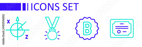 Set line Certificate template, Exam paper with incorrect answers, Medal and Trigonometric circle icon. Vector