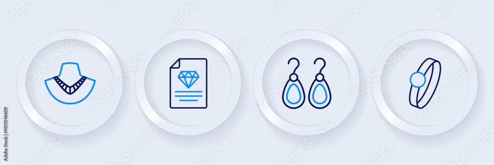 Set line Diamond engagement ring, Earrings, Certificate of the diamond and Necklace mannequin icon. Vector Set line Diamond engagement ring, Earrings, Certificate of the diamond and Necklace mannequin icon. Vector