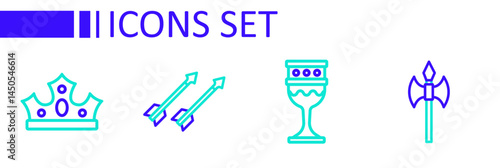 Set line Medieval axe, goblet, arrows and King crown icon. Vector