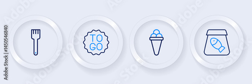 Set line Online ordering fish, Ice cream waffle, Coffee cup to go and Fork icon. Vector