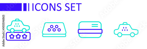 Set line Taxi car, Credit card, roof and service rating icon. Vector