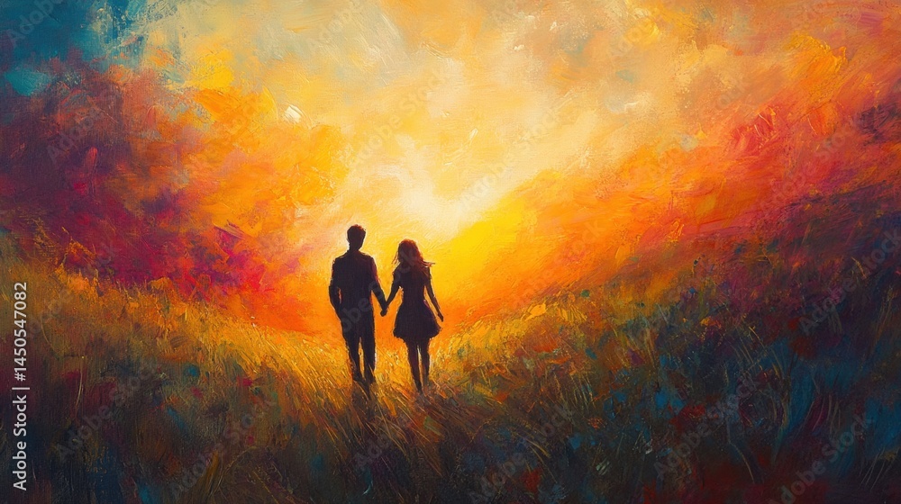 Fototapeta premium Silhouettes of a couple walking hand in hand on a sunlit path.
