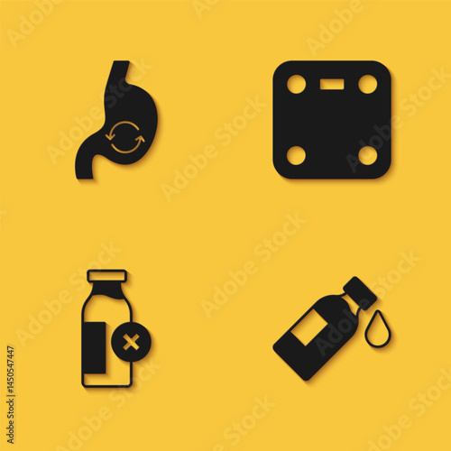 Set Human stomach health, Bottle of water, Lactose intolerance and Bathroom scales icon with long shadow. Vector