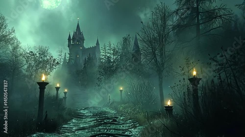 Gothic castle misty forest fantasy setting footage