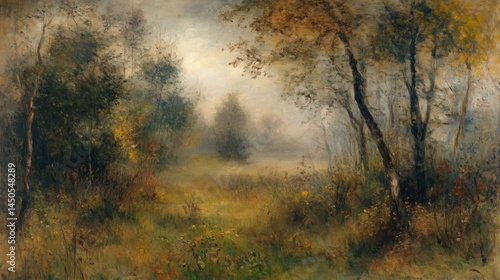 Misty autumnal landscape painting of a woodland path.