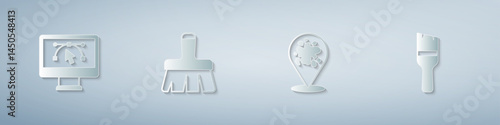 Set Computer with design program, Paint brush, spray and . Paper art style. Vector