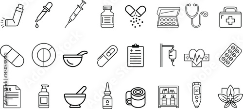 Medical and Healthcare Icon Set Hand-drawn Vector Illustrations of Medicine, Treatment, Diagnosis Tools, Pills, First Aid, Equipment, Hospital Items, and Health Supplies for Use in Design Projects