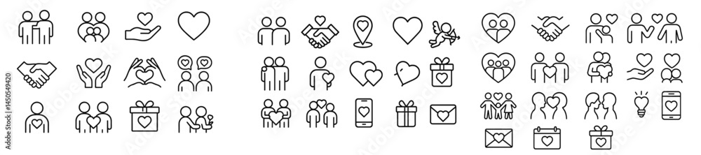 Collection of web icons in line style representing relationships, love, and social connections for various digital applications Collection of web icons in line style representing relationships, love, and social connections for various digital applications