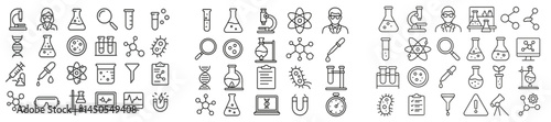 Collection of web icons depicting laboratory and science-themed elements in clean line style suitable for educational content