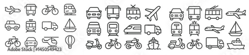 Collection of line style web icons representing various modes of transportation including land, air, and water vehicles