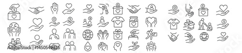 Collection of web icons showcasing charity, donation, and social service activities in a modern line-style design