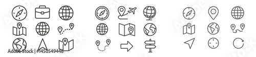 Web icons set featuring line style designs for navigation, travel, and location tracking in a minimalistic format