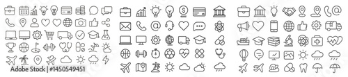 Collection of line style web icons illustrating various digital and everyday activities and concepts for user interface design