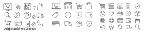 Set of web icons designed in line style representing various e-commerce and online shopping activities, ideal for digital applications