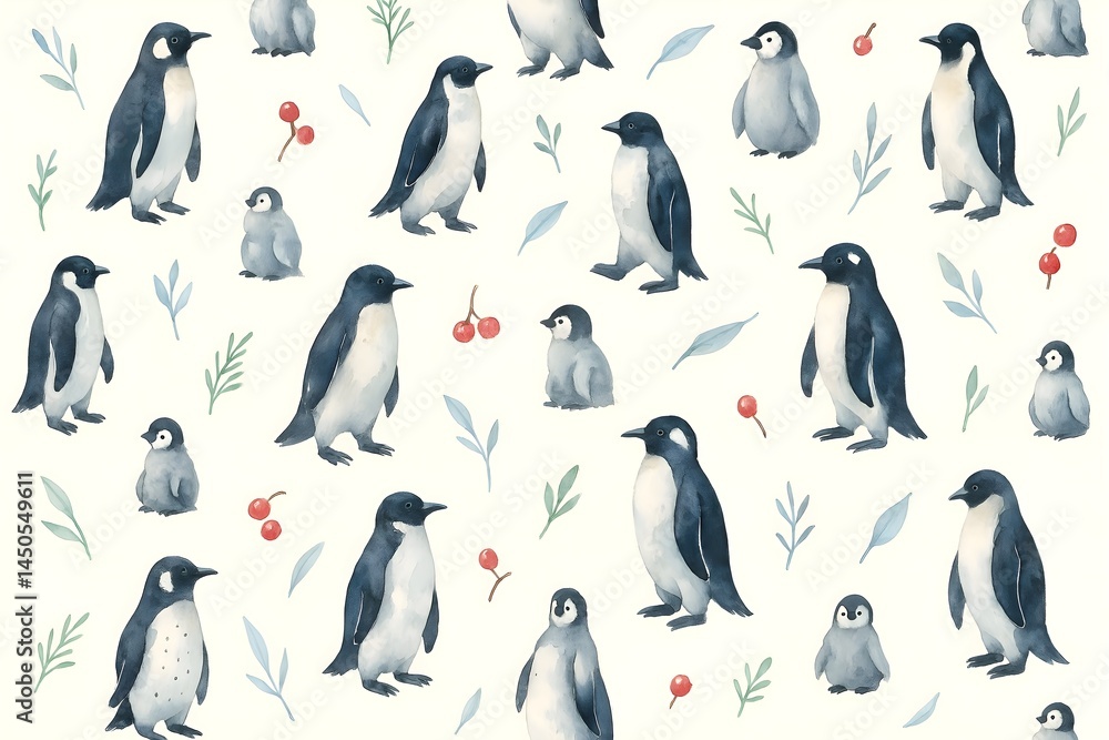 Obraz premium watercolor seamless pattern with penguins, red berries and green leaves, background winter decor, wrapping and fabric 