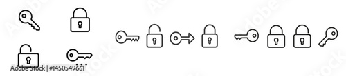 Collection of line style web icons depicting keys and locks for digital security concepts and applications