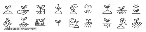 Collection of web icons illustrating growth, agriculture, and planting concepts in minimalist line style
