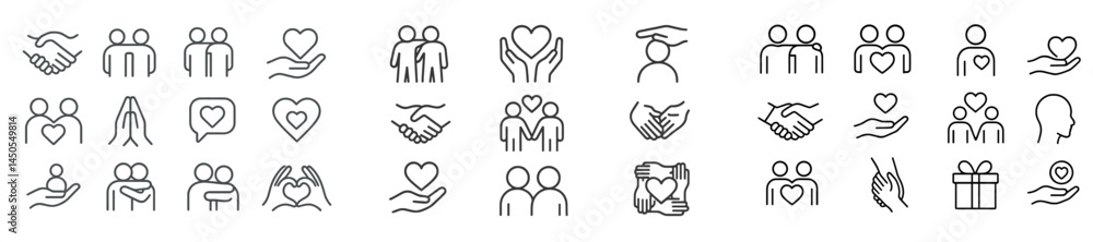 Set of web icons showcasing line style designs focused on relationships, support, and community engagement