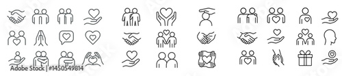 Set of web icons showcasing line style designs focused on relationships, support, and community engagement