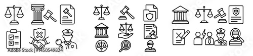 Set of line style web icons representing legal themes, justice, and law enforcement concepts in a modern design