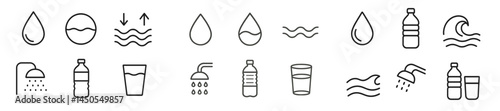 Collection of line style web icons representing water, hydration, and liquid dynamics in various forms and uses