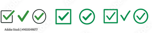 Collection of line style web icons featuring check marks in various box designs for digital use