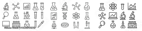 Collection of line style web icons for scientific and analytical activities showcasing lab equipment and data analysis tools
