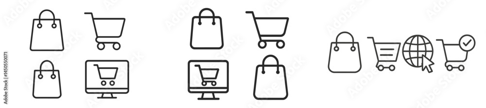 Set of line style web icons featuring shopping bags, carts, and digital interfaces for online shopping applications Set of line style web icons featuring shopping bags, carts, and digital interfaces for online shopping applications