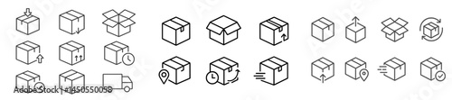 Collection of web icons representing various packaging concepts and delivery processes in a clean line style