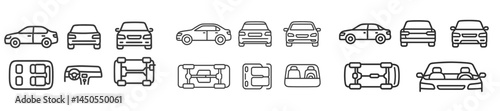 Set of web icons showcasing various vehicle designs and components in a clean line style suitable for digital applications
