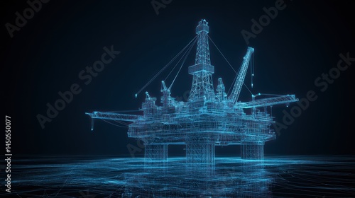 3 d wireframe model of offshore oil rig at night