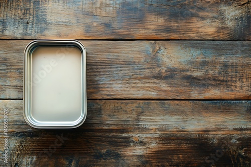 Empty lunch box on wooden table. Top view and minimal design