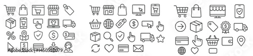 Collection of line style web icons for e-commerce, social media, and digital services usage
