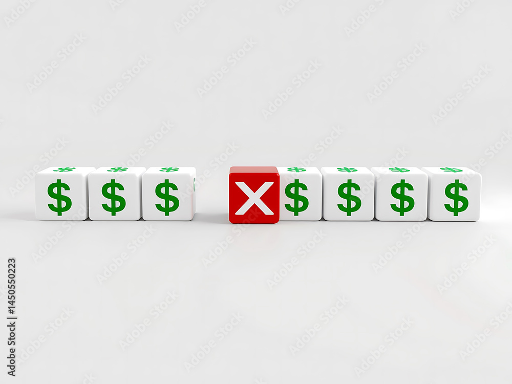 Conceptual image of financial loss or budget cut with dollar signs and a red X Conceptual image of financial loss or budget cut with dollar signs and a red X